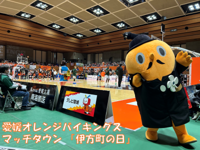 2025年1月25日、愛媛オレンジバイキングスのマッチタウン「伊方町の日」にて、愛媛コミュニティセンターで応援するサダンディー