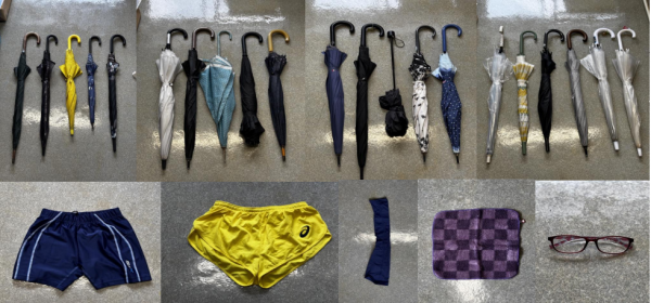 忘れ物・落とし物　21本の傘とハーフパンツ2つとアームカバー片方とハンカチ、眼鏡