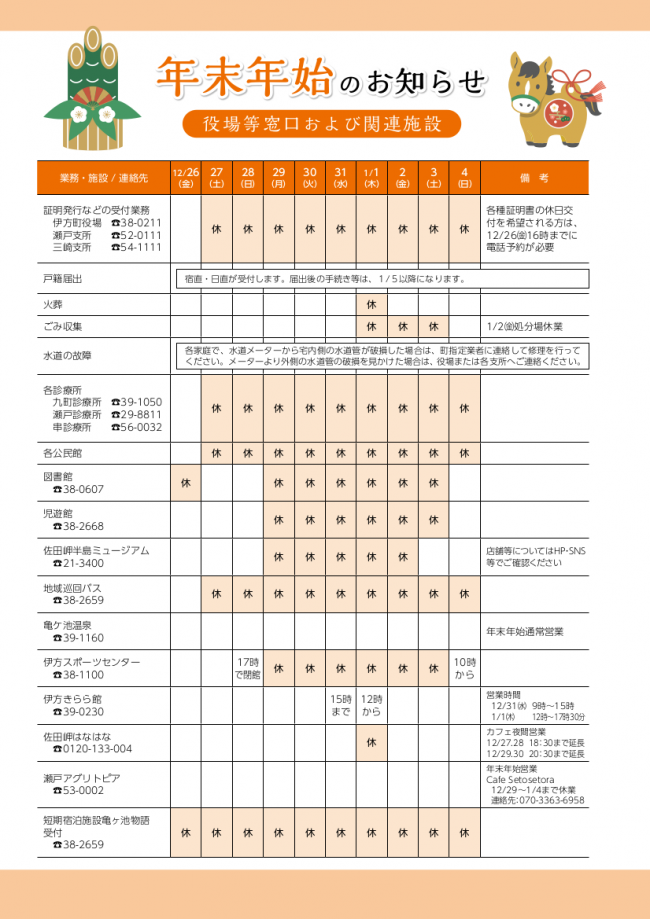 役場等窓口および関連施設の年末年始営業について